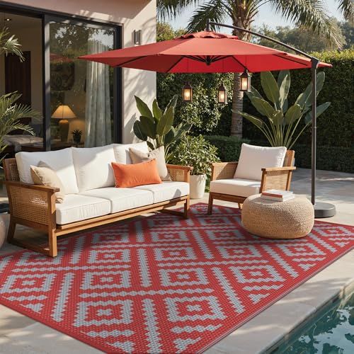 GENIMO Christmas Outdoor Rug for Patio Clearance, 6'x9' Reversible Plastic Straw Rugs, Lightweight Waterproof RV Camping Mat for Camper, Balcony, Deck, Backyard, Picnic, Red Grey - color: Red & Grey, size: 6' x 9' (Rectangular)