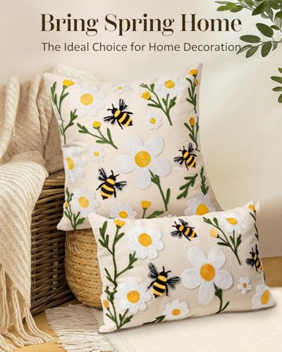 Embroidered Lumbar Pillow Cover 20x12 Inch - Spring Summer Boho Decorative Pillow Cover with Zipper for Living Room Couch Sofa Bed Aesthetic Design Flower Bee Cushion Pillowcase - color: Flower Bee, size: 20" x 12" (Pack of 1)