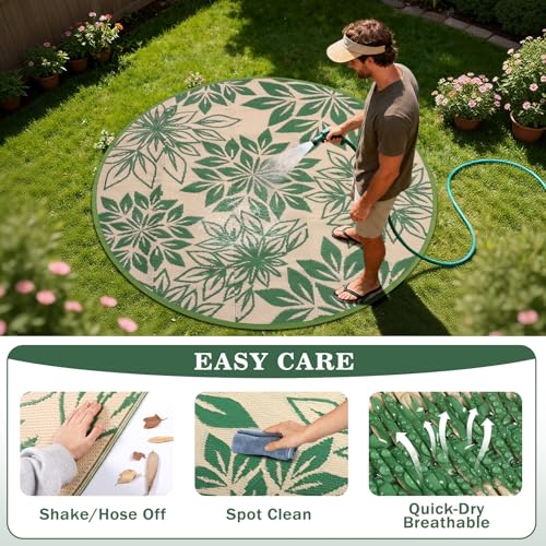 6ft Round Waterproof Outdoor Rug for Patio, Green Reversible Plastic Straw Carpet, Boho Outdoor Rugs, Fade Resistant & Easy Clean Deck Mat, Ideal for Porch, Backyard, RV, Camping and Picnic - color: Green, size: 6' (Round)
