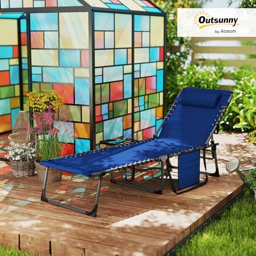 Outsunny Folding Chaise Lounge Chair Outdoor Tanning Chair with Side Table, 5-Level Adjustable Beach Lounge Chair with Headrest, Side Pocket for Patio, Backyard, Beach, Poolside, Dark Blue - color: Dark Blue
