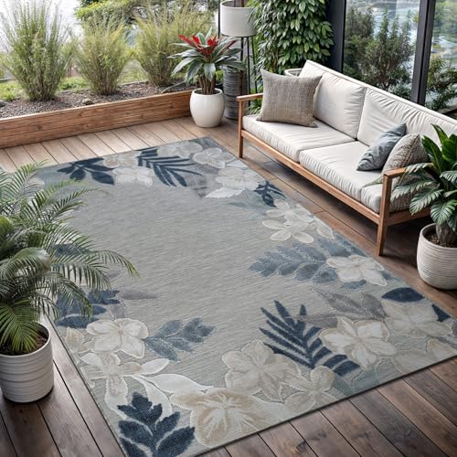 Outdoor Rug 8x10 Washable Area Rugs Indoor Outdoor Carpets Blue Border Floral Non Shedding Waterproof Easy Clean Patio Deck Porch Living Room Bedroom Garden RV (8 X 10 Blue) - color: 1-blue, size: 8' x 10' (Rectangular)