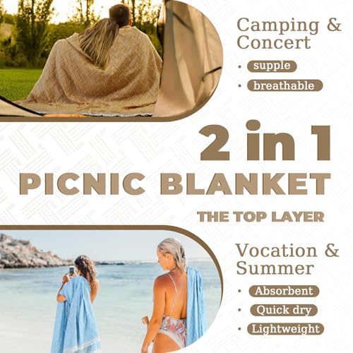Genovega 2 in 1 Extra Large Rug Outdoor Picnic Blanket Waterproof Woven Boho Mat Giant Beach Towel Travel Essential Yoga Accessories Park Patio Lawn Garden Ground Music Festival Concert Must Have - color: Brown