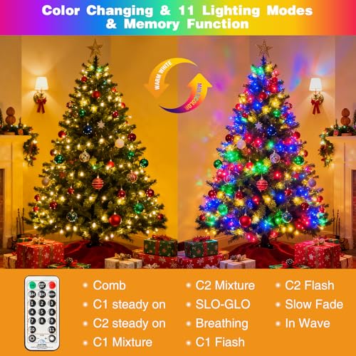 btfarm Color Changing Christmas Lights Outdoor, 115FT 300 LED Christmas Tree Lights Indoor with Remote, Timer Twinkle String Light Waterproof for Xmas Wedding Party Decor, Warm White & Multicolor - size: 115FT 300LED