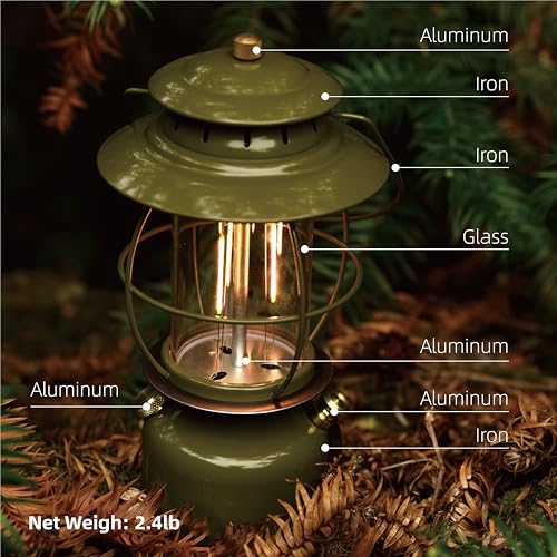 Metal Vintage LED Camping Lantern, 6800mAh Rechargeable Battery Last 17-500 Hours Camping Lamp, Large Dimmable Hanging Lantern, Retro Camping Light with Hook for Courtyard Outdoor Decoration - style: Retro Army Green