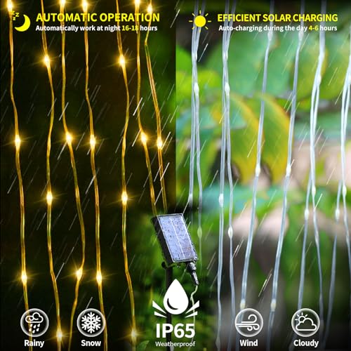 Solar Curtain Lights Outdoor Waterproof 10 * 10Ft 300LED Waterfall Light with 8 Modes Remote Rechargeable Dimmable Hanging Twinkle Fairy String Lights for Outside Christmas Gazebo Party Wedding - color: 300LED Warm White