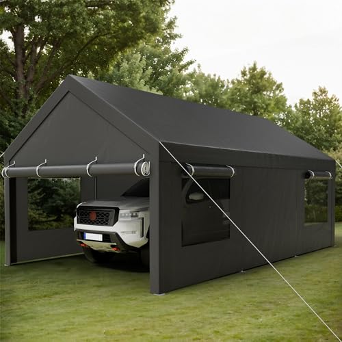 12x20 FT Heavy-Duty Design Carport,Portable Garage Canopy,Carport Canopy with Side-Opening Removable Door & Roll-Up Window,Portable Car Port for Car, Truck, Boat,Grey - color: Black/Gray, size: 12' x 20'