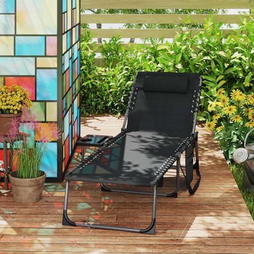 Outsunny Folding Chaise Lounge Chair Outdoor Tanning Chair with Side Table, 5-Level Adjustable Beach Lounge Chair with Headrest, Side Pocket for Patio, Backyard, Beach, Poolside, Black - color: Black