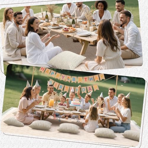 Beeveer Extra Large Outdoor Boho Picnic Blanket 150'' X 71'' Beige White Table Runner 6 Throw Pillow Cover Woven Cotton Yarn Oversize Beach Blanket Washable for Picnic Camp Wedding - color: Beige White, size: Fit 10-12 People 150'' X 71''