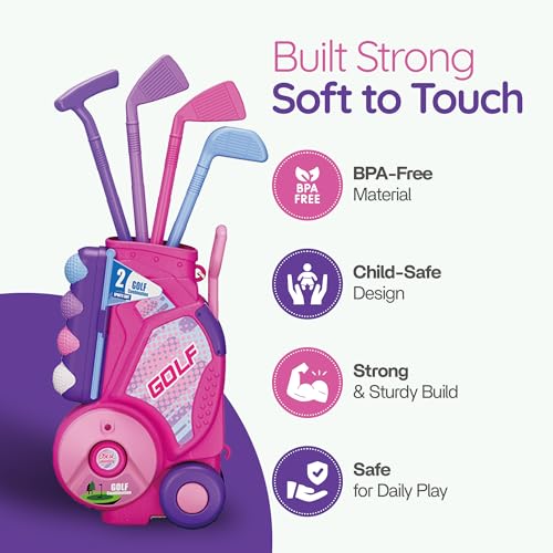 Toddler/Children Golf Set for Kids Ages 2,3,4,5 Years Old – Fun Indoor & Outdoor Golf Toy with Cart, 4 Clubs, 8 Balls & 2 Practice Holes – Sports Kit for Boys and Girls (Pink)