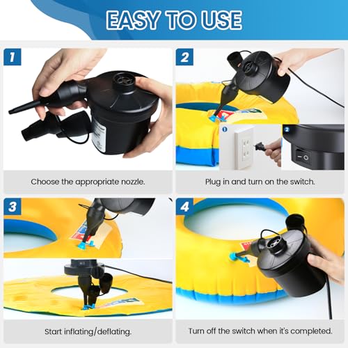 Electric Air Pump for Inflatables, VANNPOOY Portable Air Mattress Pump, Quick Inflate Deflate Plug in Air Pump with 3 Nozzles, Blow up Pool Float Inflator Pump for Airbed Toys Boat Couch Swimming Ring