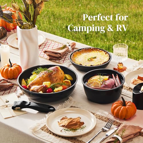 Redchef 16pcs Ceramic Pots and Pans Set Non Stick, Nonstick Kitchen Cookware Set with Detachable Handle, Non Toxic, PFAS PFOA & PTFE Free, RV Cookware Set for Camping, Dishwasher/Oven Safe (Black) - size: 16 pcs Black