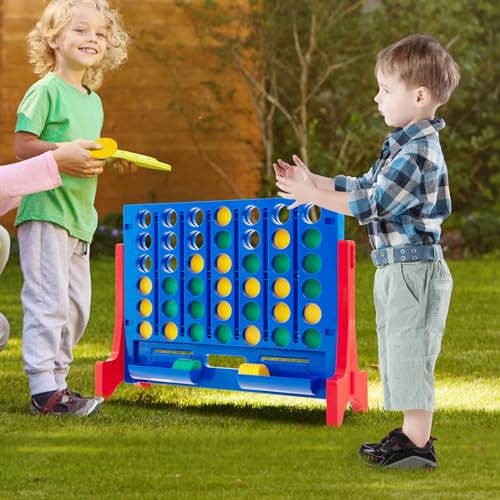 COSTWAY Giant 4-in-a-Row Game with Storage Carry Bag, Jumbo 4-to-Score Game with Chess, Quick Release Slider for Kids Adults, Indoor Outdoor Backyard Game Set, Free-Standing/Wall-mounting (Blue) - color: Blue