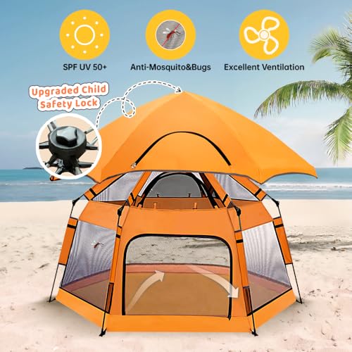 Instant Pop Up Baby Playpen with UV Canopy & Safety Lock, Portable Outdoor Beach Tent Play Yard for Toddlers, Breathable Mesh & Carry Bag, Indoor & Backyard Use (Orange) - color: Orange