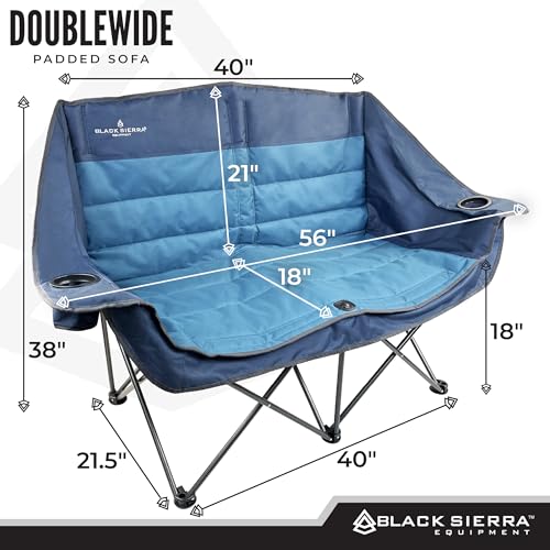 Black Sierra Double Camping Chair, Padded Oversized Loveseat, 2 Person Folding Seat Supports 500 lbs, Portable Outdoor Sofa for Beach, Tailgating, RV, Sports, Patio - color: Denim and Moroccan Blue
