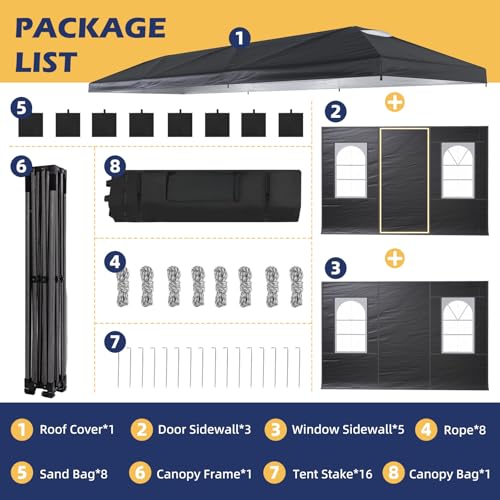 EROMMY 10x30 Heavy Duty Pop Up Canopy Tent with 8 Removable Sidewalls, Waterproof UV50+ Gazebo with Mosquito Netting, Easy Setup Instant Shelter for Backyard, Party, Wedding & Commercial Use, Black - color: Black, size: 10’x 30’