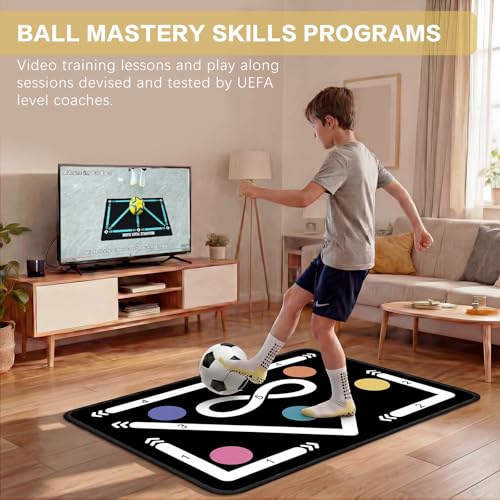 2F22E Soccer Training Mat for Kids & Youth, Non-Slip Silent Footwork Training Equipment with Soccer Bounce Trainer & Socks, Ball Mastery Skills Mat with Instructional Video for Indoor Practice - color: White