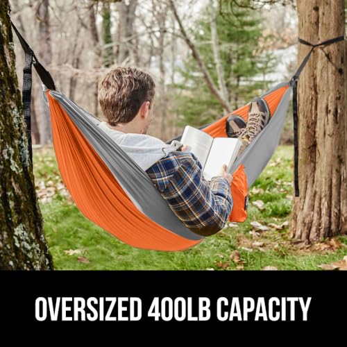 GORILLA GRIP Durable Camping Hammock with Heavy Duty Tree Straps, Portable Hammocks for Outside, Easy to Use Travel Swing Chair, Outdoor Camper Hiker Essentials, Backpacking Gear Gifts, Single, Orange - color: Orange/Grey, size: Single (9' x 4.5')