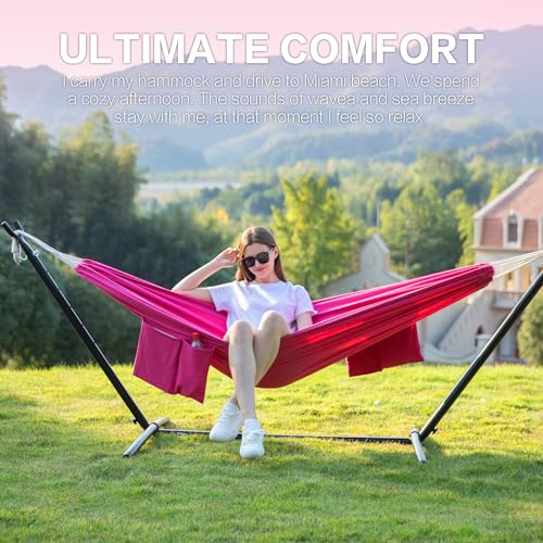 PNAEUT Double Hammocks with Stand for Outside, Portable Space Saving Heavy-Duty Steel Stand for Indoor Outdoor Patio with Carrying Bag, 450 lbs Capacity (Rose Pink) - color: Rose Pink