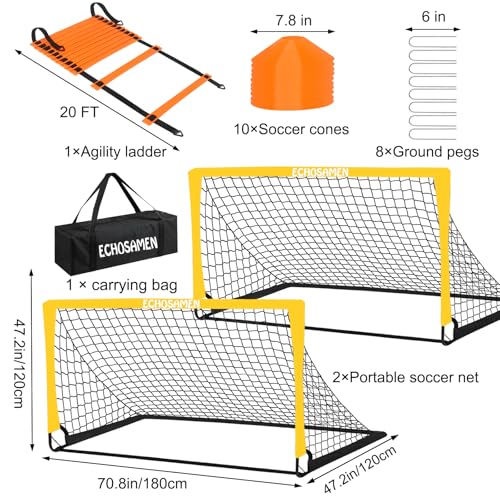 Kids Soccer Goals for Backyard, 2 of 6 x 4 ft Kids Soccer Goal Set Soccer Net with 10 Soccer Cones, Agility Ladder & Carry Bag, Portable Soccer Training Equipment. - color: Yellow