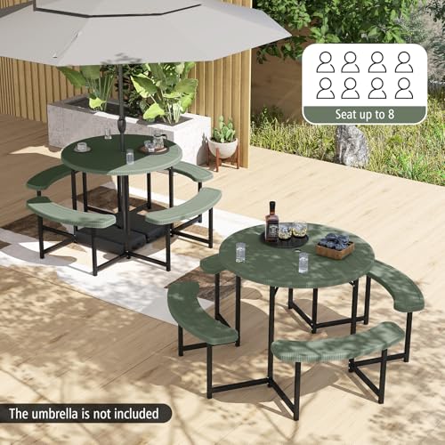 Giantex Picnic Table Bench Set for 4-8 Person, Round 37” Outdoor Dining Table w/Umbrella Hole, HDPE Tabletop, Metal Frame, Patio Furniture Set for Backyard Porch Lawn, 1400lb Capacity (Green,Round) - color: Green, size: Round-37"x37"x29"
