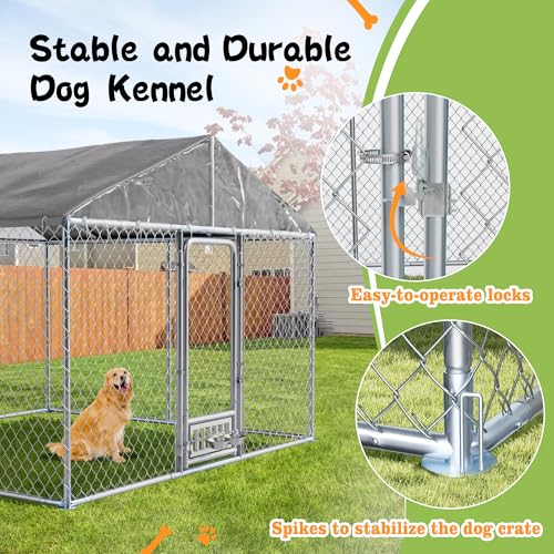 Grepatio Outside Dog Kennel with 2 Rotating Feeder Bowls, 10'x10' Outdoor Dog Kennel with Waterproof, Dog Enclosure for Large Dogs, Dogs Kennels Run Dog Playpen Fence with Secure Lock (10x10 FT) - size: 10x10 FT