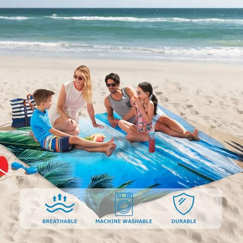 Beach Blanket Waterproof Sandproof, Palm Tree Oversized Extra Large Picnic Mat 83"×95"/8 × 7 FT for 1-7 Adults for Travel Camping Hiking, Quick Drying Lightweight Outdoor Beach Vacation Essentials - color: Beach 2