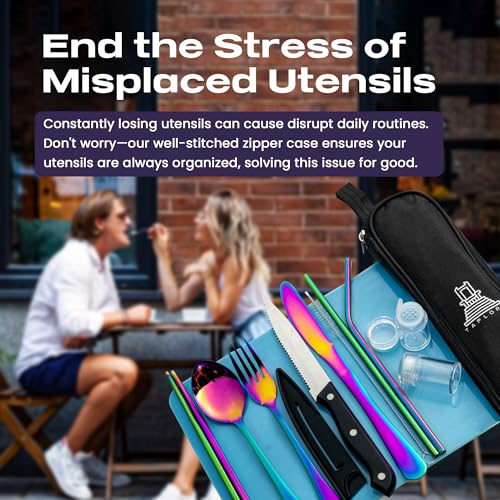 Taplord Portable Travel Silverware Set With Case, Includes 10 Pcs of Travel Utensils With Case, Stainless Steel Flatware Set For Camping, Lightweight (Multi-Color) - color: Multicolor, size: 10 Pieces