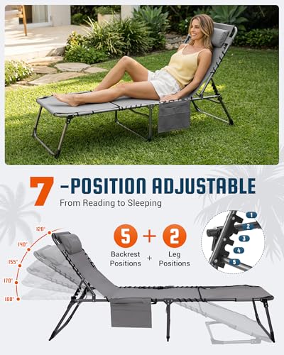 KingCamp Lounge Chair with face Hole, 400LBS Tanning Chairs for Outside, Adjustable 5-Position Beach Lounge Chairs Folding Sun Tanning Chair for Outside Beach Patio Sun Bathing Pool Backyard - color: B*sunbask Face Hole——grey Face Hole, style: 400lbs&Pinc