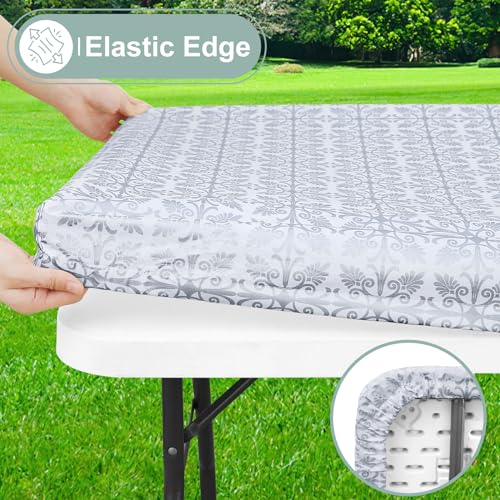 misaya Rectangle Vinyl Table Cloth, Elastic Fitted Flannel Backed Tablecloth, Waterproof Plastic Table Cover Fits 6 Foot Folding Tables for Picnic, Camping, Outdoor (Silver Grey, 30" x 72") - color: Silver Grey, size: 72" x 30" (Rectangular)