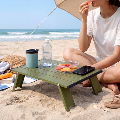 Barydat 2 Pack Small Folding Beach Table Aluminum Portable Camping Lightweight Roll up Tent Low Table for Sand Outdoor Compact Picnic with Carry Bag for Outdoor Picnic Tent Travel Beach (Green) - color: Green