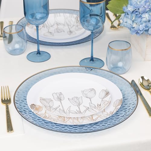 PLASTICPRO 32 Pack Elegant Disposable Plastic Plates Combo Set Includes 16 Dinner Plates and 16 Salad Plates Heavy Duty Fancy Party Plates White & Gold Tulip Design - color: White & Gold Tulip Design