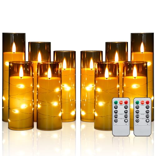 Enido Flameless LED Candles with Remote & Timer, Battery Operated Acrylic Pillar Set, 10 Pc Flickering Electric Lights with Embedded Star String for Cozy Home & Holiday Romantic Decor (Matte Grey) - color: Brown
