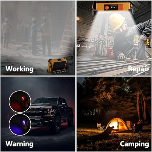 2 Pack 120W Solar Rechargeable Work Light, 144 LED 10000LM Portable Flood Light with Stand, IP66 Waterproof 4 Modes LED Job Site Lighting Flashlights for Mechanic Camping Fishing Car Repair - style: Yellow 2 Pack