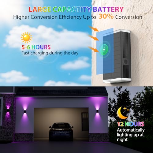 Solar Lights Outdoor,8 Lighting Modes Dusk to Dawn Lighting Wall Sconce IP67 Waterproof Up and Down Solar Wall Light Front Door Light for House, Garage, Porch,Doorway,Fence,Festival Decor (2 PACK) - color: RGB & Warm White