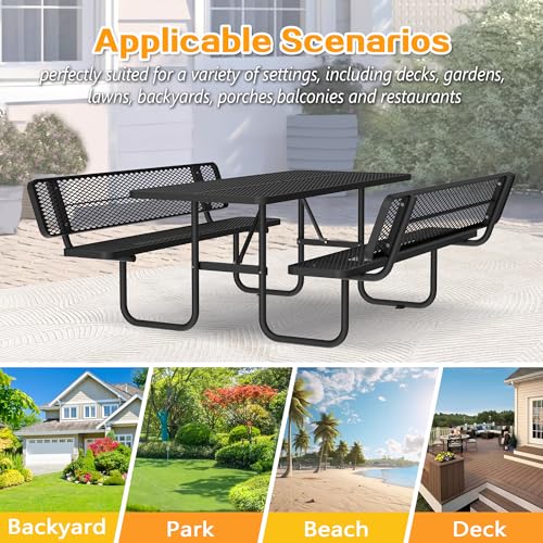 72" Rectangular Metal Picnic Tables for Outdoors with Backrest Seats Umbrella Hole - Coated Steel Heavy Duty Commercial Grade Table, Patio Rectangular Furniture Set for a Lifetime, Black - color: Black-backrest