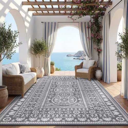 Garvee Reversible Outdoor Rug 9x12 for Patio, Waterproof Outdoor Area Rug, Modern Medallion Indoor Outdoor Rugs, Plastic Straw Rug for RV, Camping, Deck, Vintage Grey - color: Grey & White, size: 9' x 12' (Rectangular)