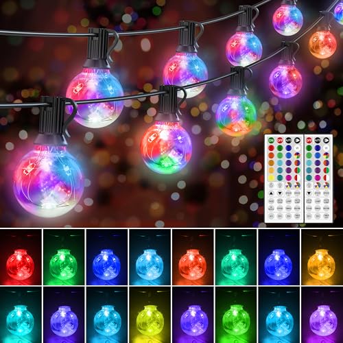 LED Outdoor String Lights, 30FT Connectable G40 Patio Light Outdoor Waterproof with 30 LED Bulbs, RGB Color Changing Cafe Decorative Lights with Remote for Outside Camping Gazebo Party Balcony Decor - size: 30 Feet 30 Bulbs