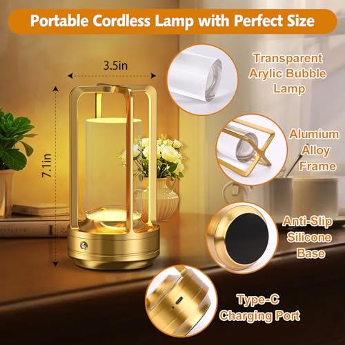 Portable Table Lamp for Outdoor Indoor: Cordless Rechargeable Desk Lamp with 3 Color Stepless Dimmable - Metal Battery Operated Lantern Light for Bedroom/Bar/Coffee Shop/Camping (Gold (2 Pack)) - color: Gold (2 Pack)