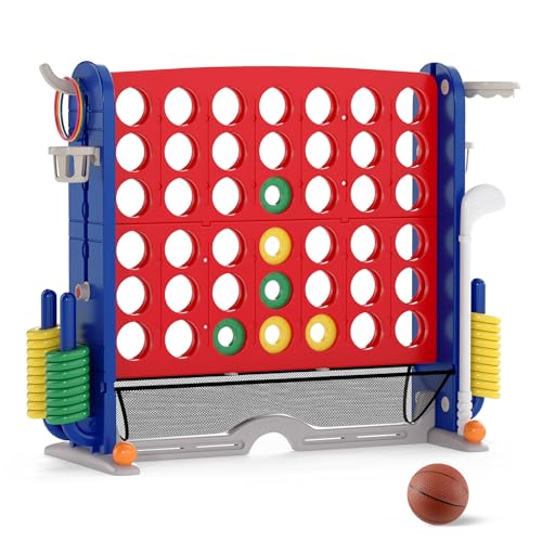 COSTWAY Giant 4 in A Row Connect Game Set, Height Adjust 4-to-Score Game with Mesh, Golf, Ring Toss Sets, Basketball & Cup Holders, Indoor Outdoor Yard Party Game for Kids Adults, Family (Red) - color: Red & Navy
