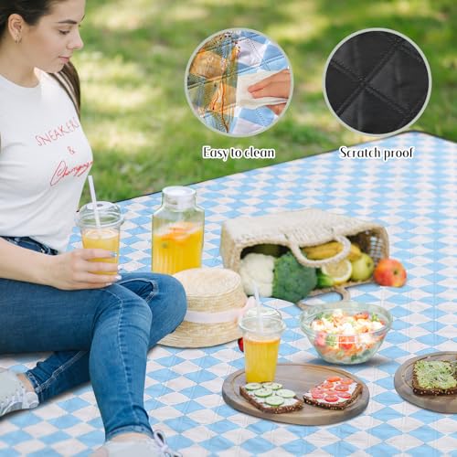 Nuanchu Checkered Picnic Blanket Extra Large Outdoor Blanket Sandproof 80"x80" Waterproof Portable Machine Washable 3 Layer Thick Gingham Picnic Mat for Beach Camping Park Grass Travel(Light Blue) - color: Light Blue