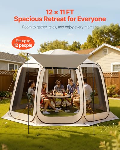 VEVOR Pop up Screen House Tent, 12 x 11 ft, 10-12 Person Screen Gazebo with Extended Awning, Portable Screened in Canopy with Carry Bag, Netting Sides, for Patio, Backyard, and Outdoor Activities - color: Beige 1, size: 12x11x7.55 Ft