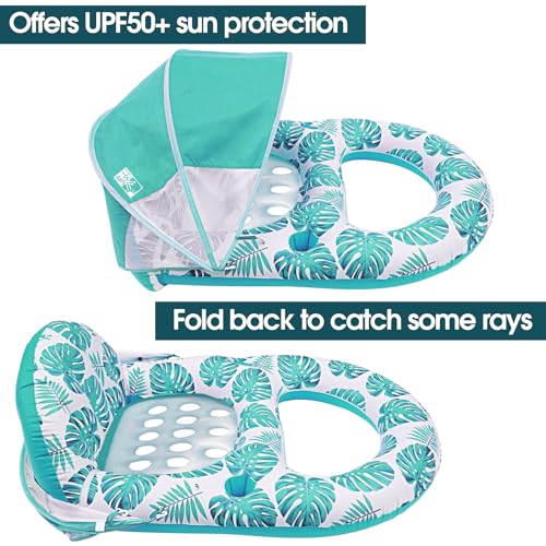 COOLCOOLDEE Pool Lounge Float with Canopy UPF50+,Extra Large Pool Floats for Adults Heavy Duty,Inflatable Lounger Float with Cup Holder & Backrest,Footrest - color: Green