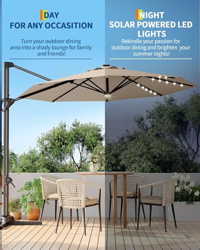 9ft Outdoor Patio Umbrella Heavy Duty 8 Ribs, Waterproof UV Protection Sun Shade with Crank Lift & Push Button Tilt, Outdoor Umbrella for Deck, Pool, Garden, Backyard, Lawn - color: Brown&Round-Lights, size: 10FT Roman