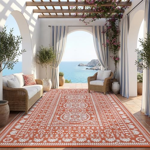 Garvee Reversible Outdoor Rug 9x18 for Patio, Waterproof Outdoor Area Rug, Modern Medallion Indoor Outdoor Rugs, Plastic Straw Rug for RV, Camping, Deck, Vintage Terracotta - color: Terracotta & White, size: 9' x 18' (Rectangular)