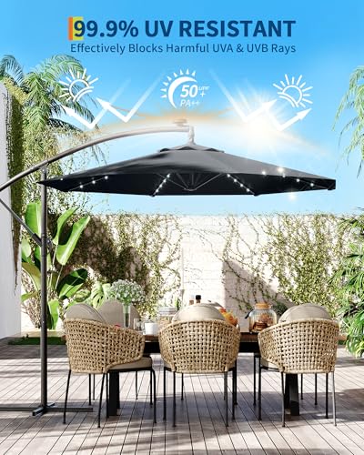 Jojoka 10FT Cantilever Patio Umbrella with Solar LED Lights - Offset Outdoor Umbrella - Easy Lift & Tilt - UV Protection - Fade Resistant - Ideal for Deck, Pool, Garden - color: Grey