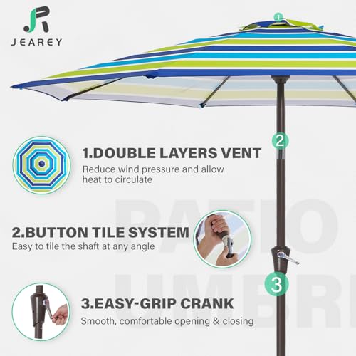 JEAREY 9' 2-Tiers Patio Umbrellas Outdoor Table Market Umbrella w/Push Button Tilt/Crank, 8 Sturdy Ribs, UV Protection Waterproof Sunproof(Blue Green Striped) - color: Blue Green Striped
