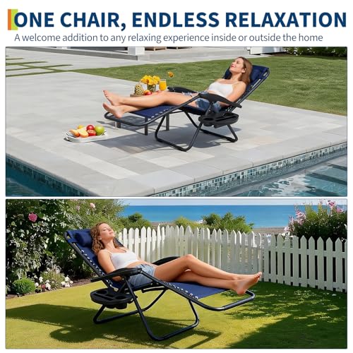 Garvee Outdoor Reclining Lounge Chair Set of 2 with Cup Holder & Padded Headrest, Adjustable Patio Folding Chairs, Heavy Duty Portable Camping Lawn Chairs for Pool, Backyard, Beach, Deck Blue - color: #Blue