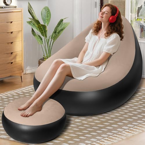 Inflatable Chair for Adults,Portable Inflatables Chairs with Ottoman,Flocked Surface inflatables Couch,Waterproof Blow Up chair,Comfortable inflatable Couch for Camping,Gaming(Without Pump)1PK