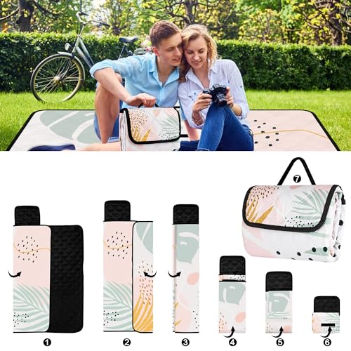 Picnic Blankets,79''x79'' Extra Large Sandproof Waterproof Beach Blanket,Foldable Portable 3-Layer Polyester Outdoor Picnic Blanket for Grass Lawn,Beach,Family Camping,Park,Travel-Tropical Leaves - color: Tropical Leaves