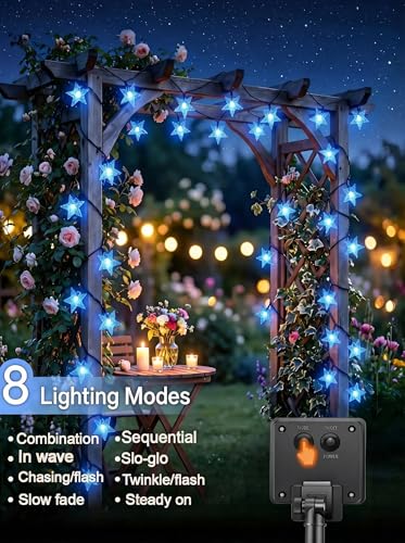 Solar Twinkle Star String Lights Outdoor Indoor Waterproof 39FT 100 LED Solar Powered Fairy Lights with 8 Lighting Modes Christmas Decor for Camping Tree Party Yard Wedding Garden (Blue) - color: Blue